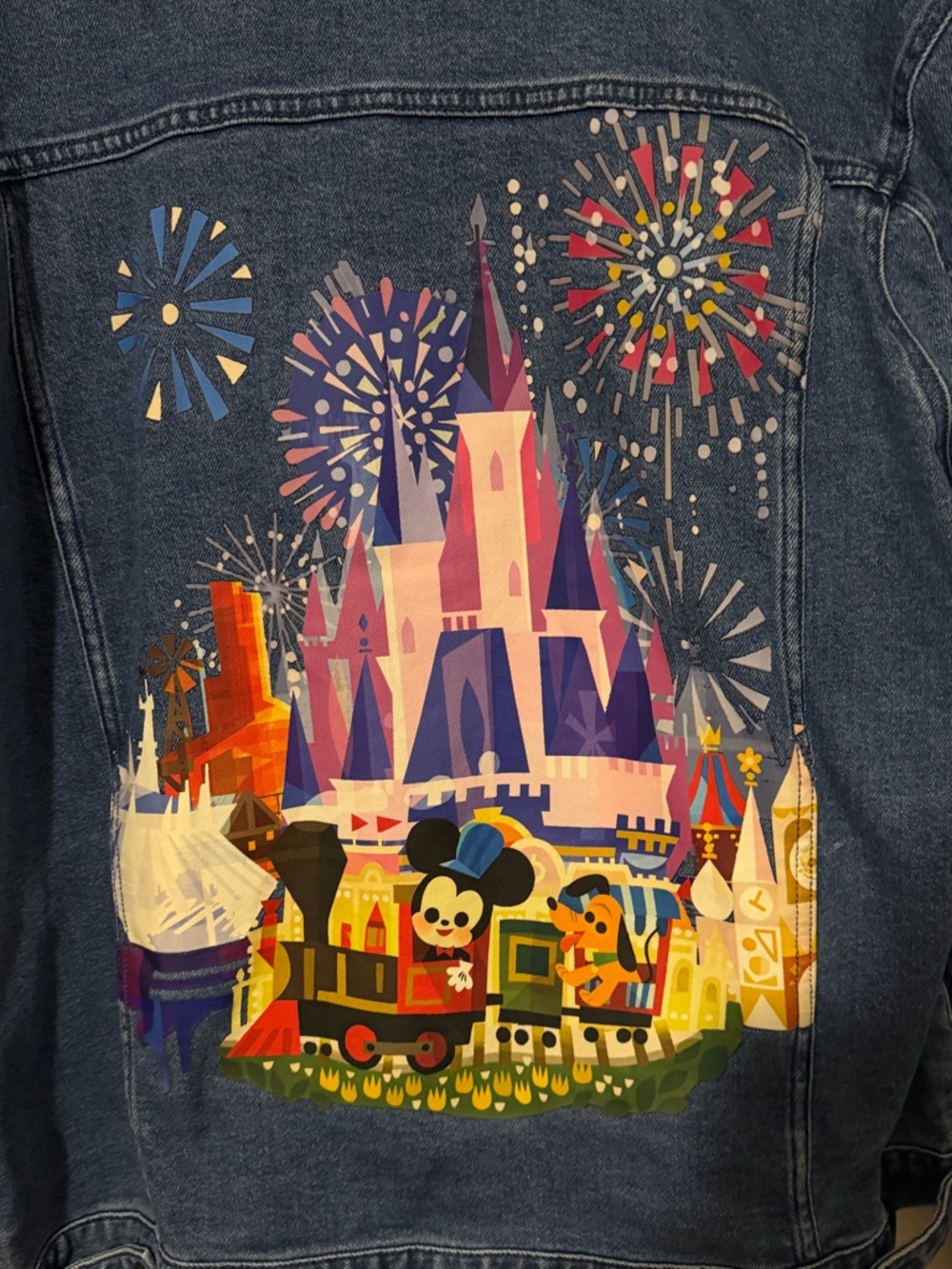 Disney Joey Chou Denim Jacket XL Mickey Train Patch Pluto Magic Kingdom
